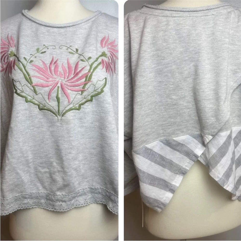 Teeberry & Weave Flower Bloom 3/4 Sleeve Crop Top Gray Pink Women’s Size S NWT